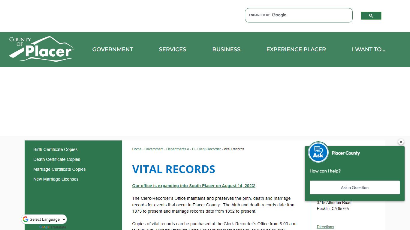 Vital Records | Placer County, CA